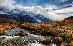 river near grass and mountain wallpaper, nature, landscape, river, sky HD wallpaper
