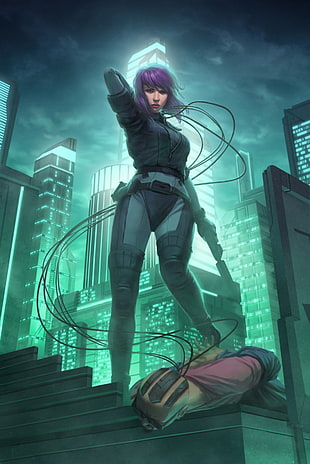 woman wearing black gear suit holding pistol anime digital wallpaper