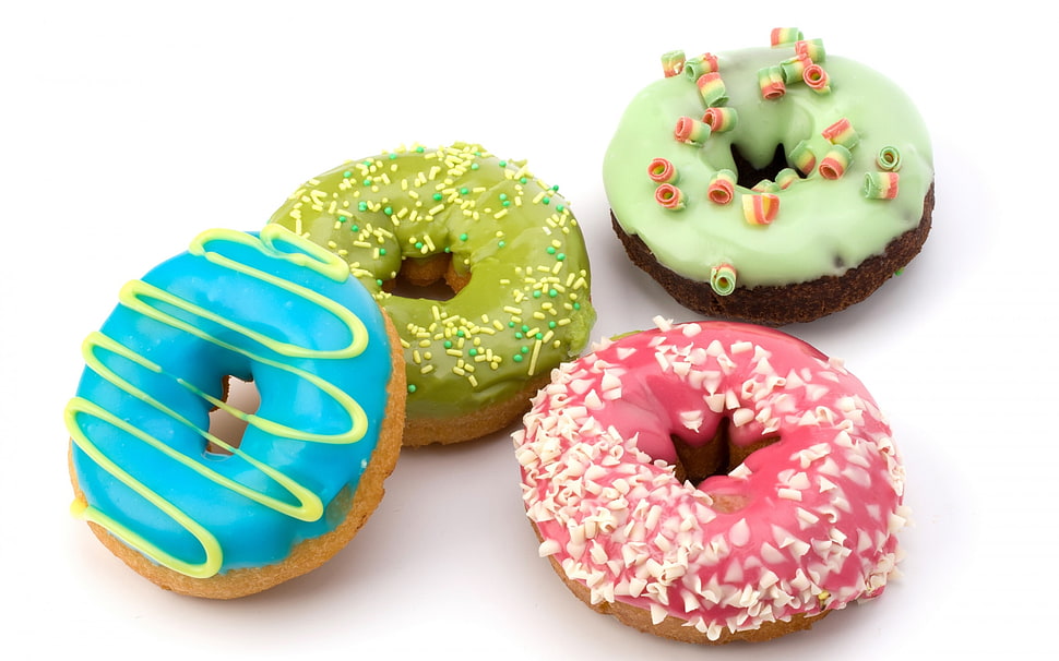 four assorted flavor donuts HD wallpaper