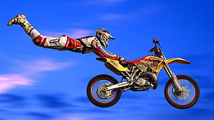 photo of person in motocross outfit doing dare devil motocross jump HD wallpaper
