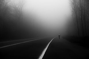 grayscale photo of man riding bike, photography, road, bicycle