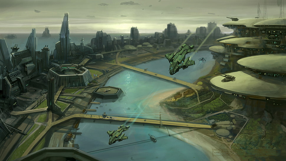 two aircrafts above city digital wallpaper, digital art, fantasy art, futuristic, video games HD wallpaper