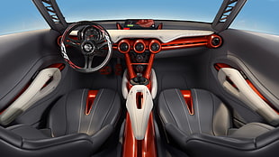 red and white vehicle interior with two gray leather seats
