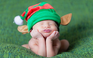 baby's green and red striped hat, nature, baby
