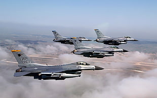 four gray fighter jets, airplane, General Dynamics F-16 Fighting Falcon, military