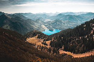 aerial photography of lake and mountains