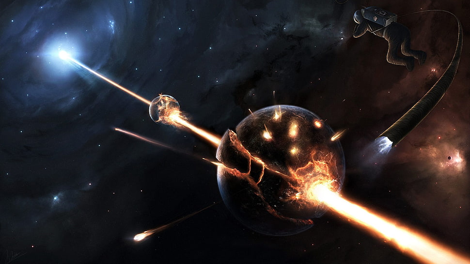 planets with light ray, fantasy art HD wallpaper