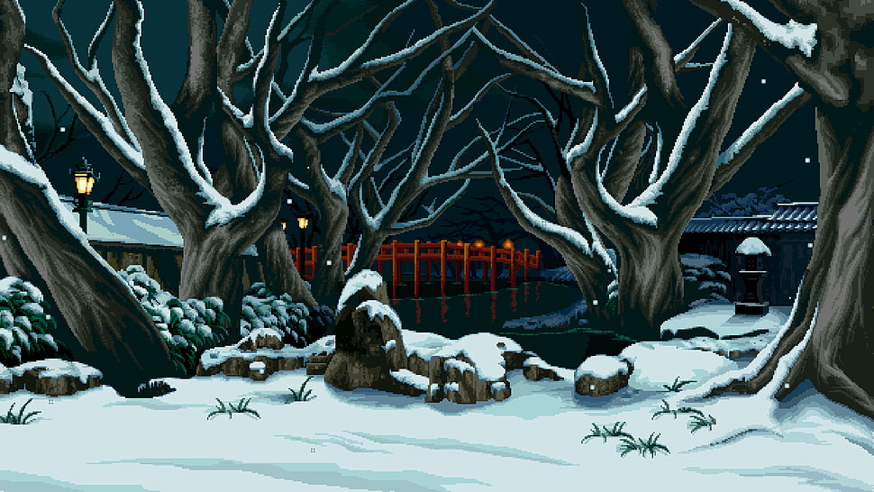 bare trees with snow wallpaper, digital art, pixel art, pixelated, pixels HD wallpaper