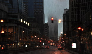 black and red traffic light, rain, cityscape, car, lights
