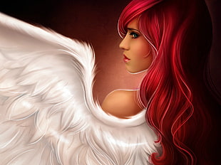 angel with red hair and white wings illustration