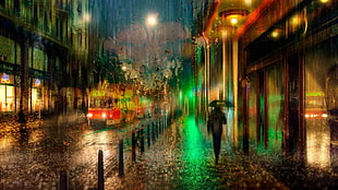 painting of person holding umbrella while walking on street, umbrella, rain, alone, city