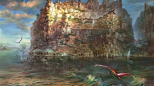 brown concrete houses near ocean water illustration, Torment: Tides of Numenera, fantasy art, artwork, video games