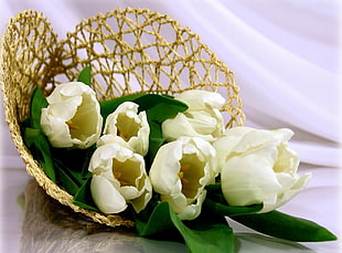 white flowers on brown wicker vase