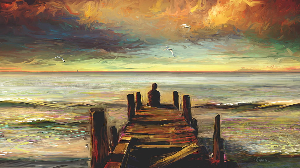 man sitting on brown dock painting, pier, artwork HD wallpaper