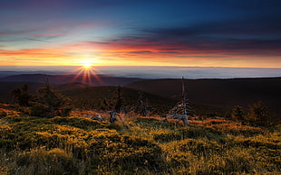 landscape photography of rising sun over the mountain view, sky, landscape, Hrubý Jeseník, Czech Republic HD wallpaper