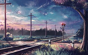 electric posts near train tracks painting HD wallpaper
