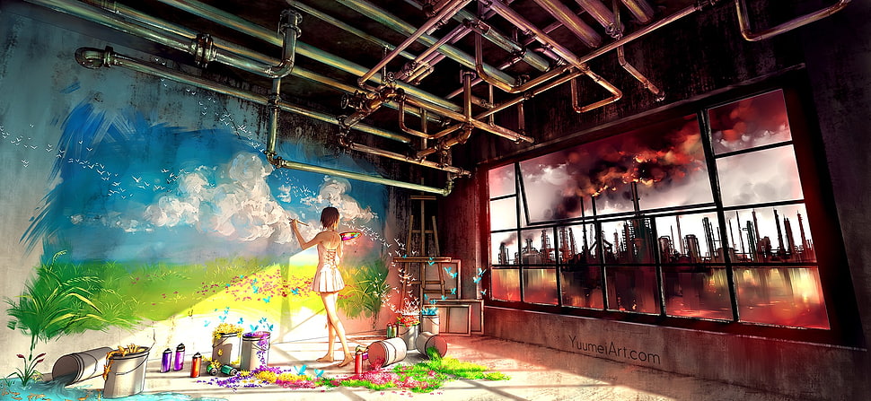 woman painting on wall near window inside room illustration HD wallpaper