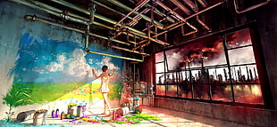 woman painting on wall near window inside room illustration
