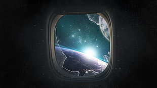 broken plane window with universe graphic wallpaper HD wallpaper