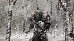 painting of samurai beside trees, Dark Souls II, forest, video games, armor