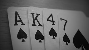 four Ace, King, 4, and 7 of spade playing cards, AK-47, playing cards HD wallpaper