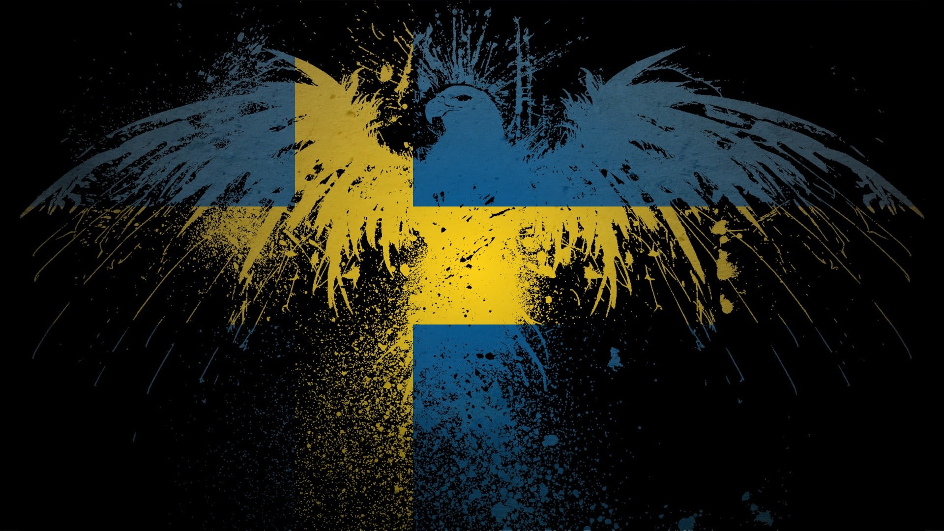 blue and yellow bird painting, Sweden, flag, grunge, digital art