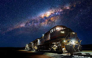 gray and white train, Milky Way, stars, train, night