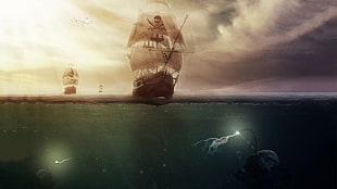 brown wooden boat illustration, artwork, sailing ship, sea, clouds