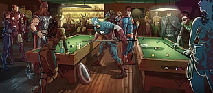 Captain America, Superman and Thor playing billiards illustration HD wallpaper