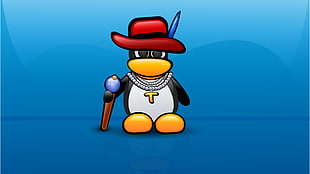 penguin wearing red top hat, necklace and walking cane illustration, Linux, lines, Debian, Bulgaria