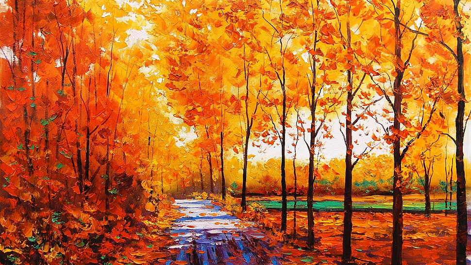 orange trees painting HD wallpaper