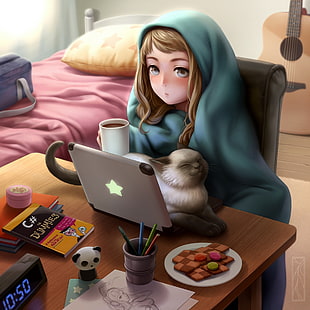 brown haired Anime Girl wearing blue blanket while using tablet computer