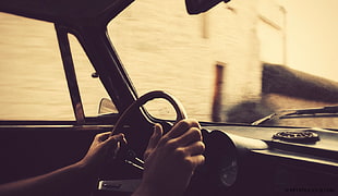 black vehicle steering wheel, driving, car, vintage