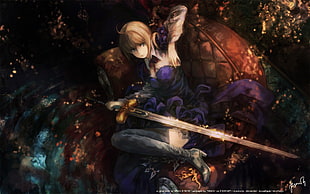 beige-haired female anime character holding sword wallpaper, anime, Fate Series, Saber