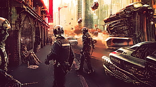 soldiers walking in street painting, fantasy art, artwork, fan art, futuristic city HD wallpaper