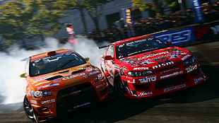 two red and orange sports coupe, drift, Silvia, Mitsubishi Lancer Evolution, Mitsubishi Lancer Evo X