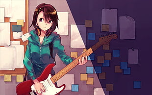 female anime character with red electric guitar