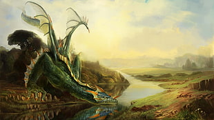 green dragon leaning on river wallpaper, digital art, fantasy art, dragon, nature HD wallpaper
