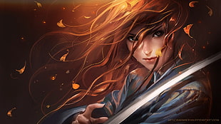 long brown haired woman holding sword illustration