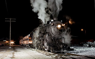 gray and black train, train, vintage, night, steam locomotive HD wallpaper