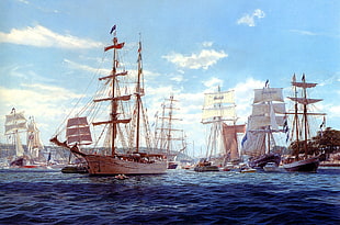 brown wooden galleon ships, tug boats, old ship, sailing ship, artwork HD wallpaper
