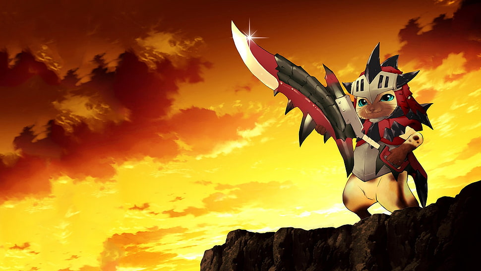 cat wearing red armor holding red and black sword HD wallpaper, Monster Hunter HD wallpaper