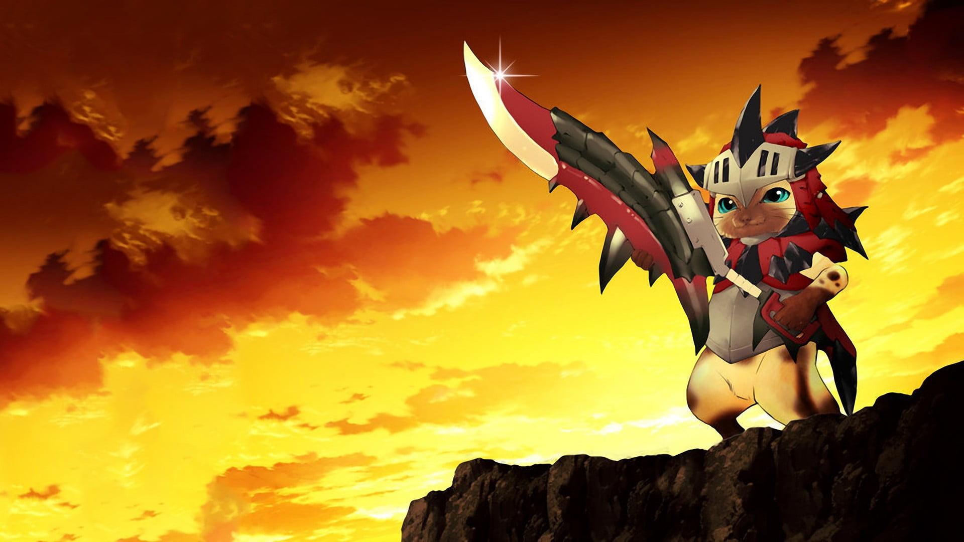 cat wearing red armor holding red and black sword HD wallpaper, Monster Hunter