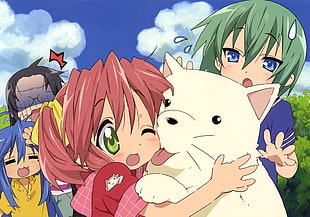 girl hugging animal anime character digital wallpaper