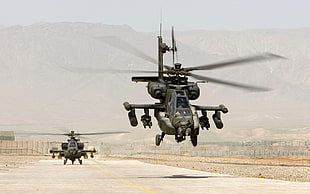 two brown helicopters, Boeing AH-64 Apache, helicopters, military aircraft, desert
