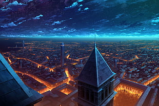 aerial photography of cityscape, anime, city, night