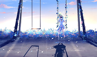 white haired character illustration, swing, flowers, mask, original characters