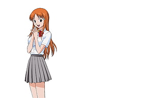 female anime character with brown hair holding her hands together while opened mouth standing