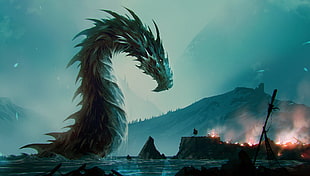dragon illustration, fantasy art, water, dragon