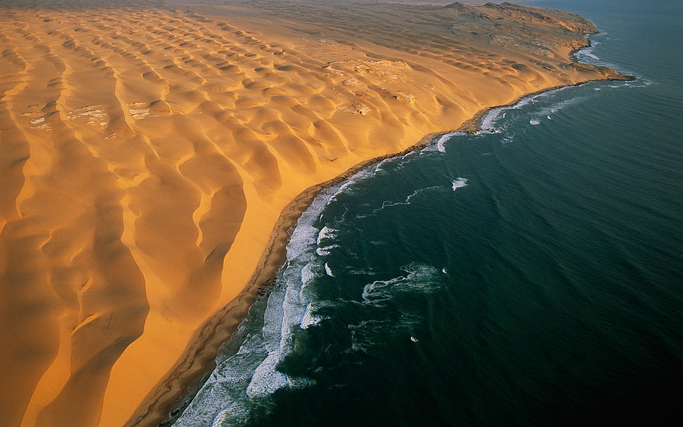 sea waves and desert photo, desert, Namibia, coast, beach HD wallpaper